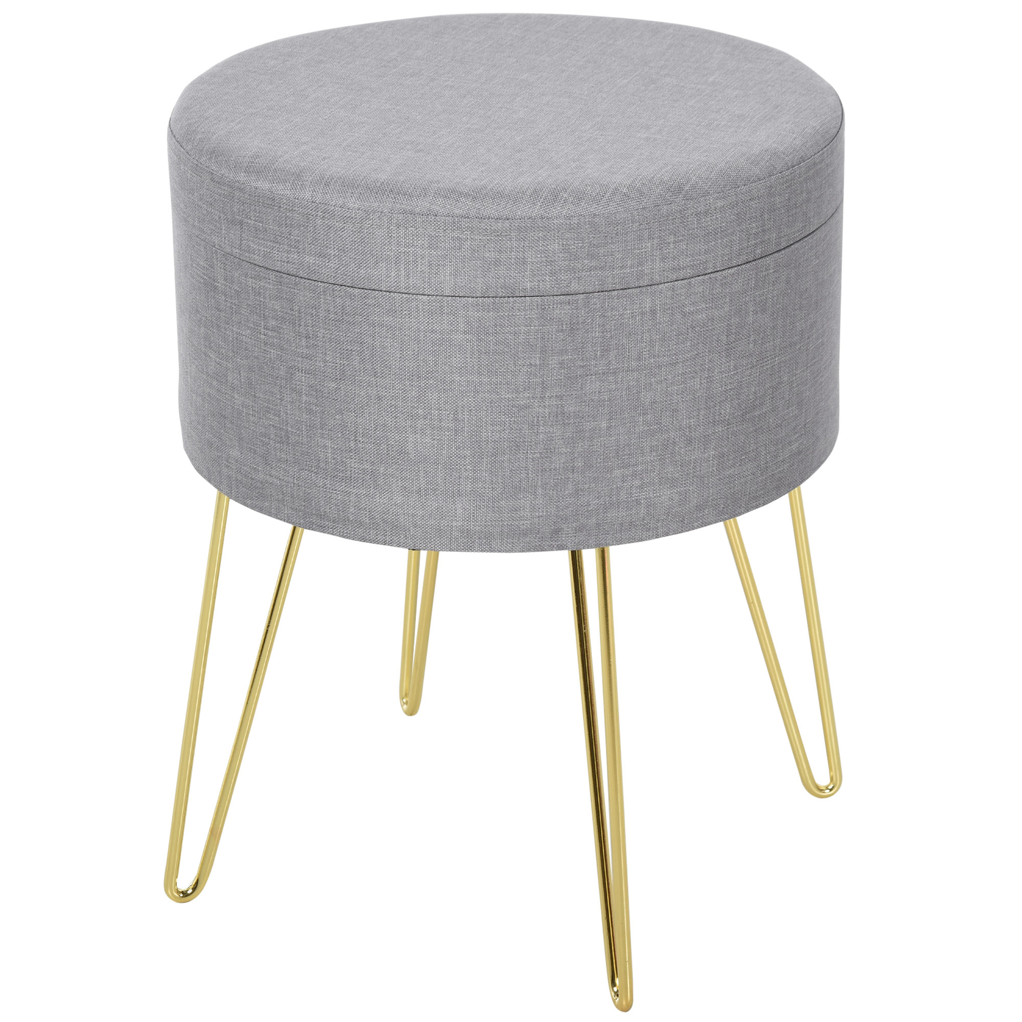 foto del prodotto homcom pouf contenitore 2 in 1 con funzione sgabello e tavolino, in legno e tessuto grigio, metallo con finitura oro, 36x36x45cm