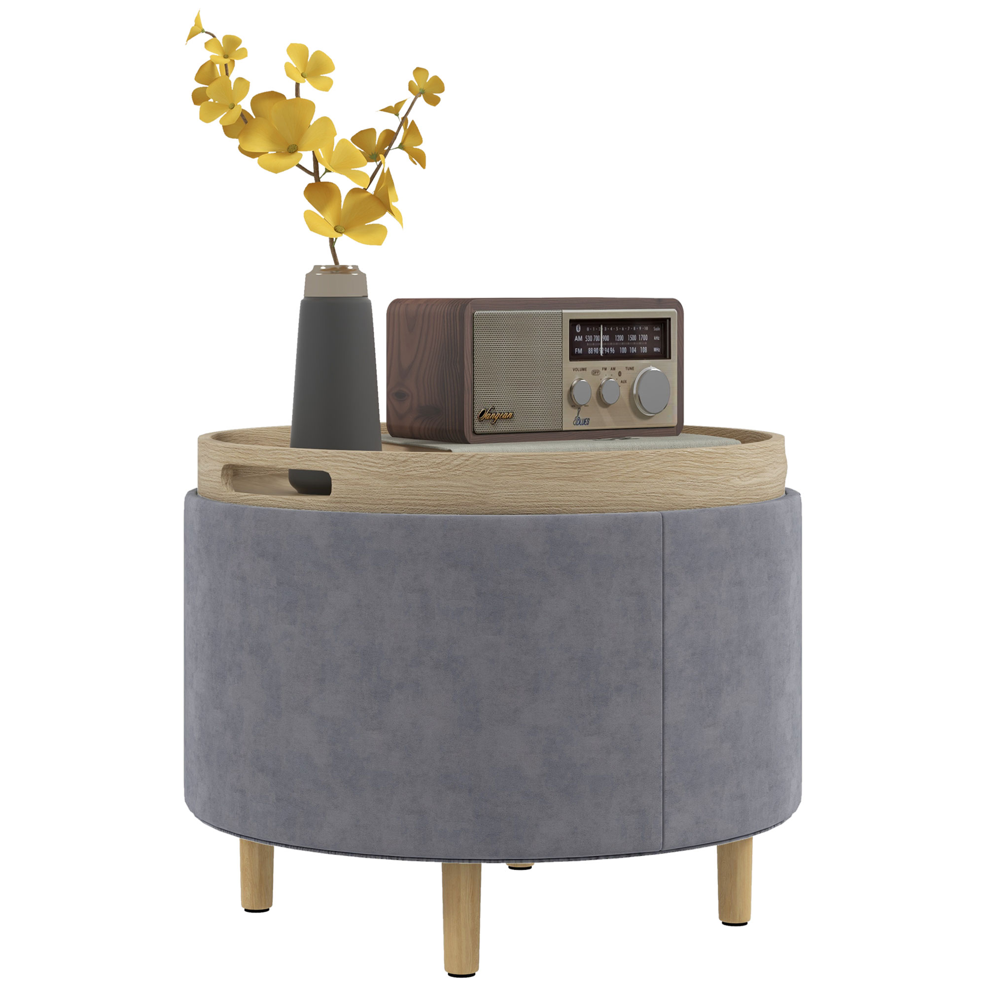 foto del prodotto homcom pouf contenitore vellutato da 120 kg max con vassoio a ribalta, in mdf e rovere, 56x56x42 cm, grigio aosom