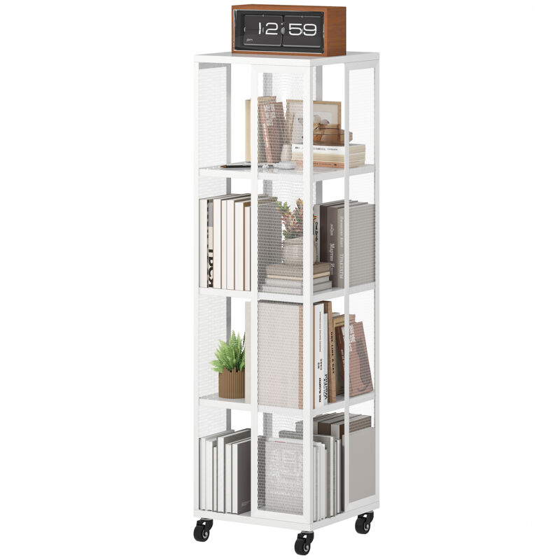 foto del prodotto homcom scaffale libreria a 4 ripiani in metallo con ruote, 35x35x129 cm, bianco