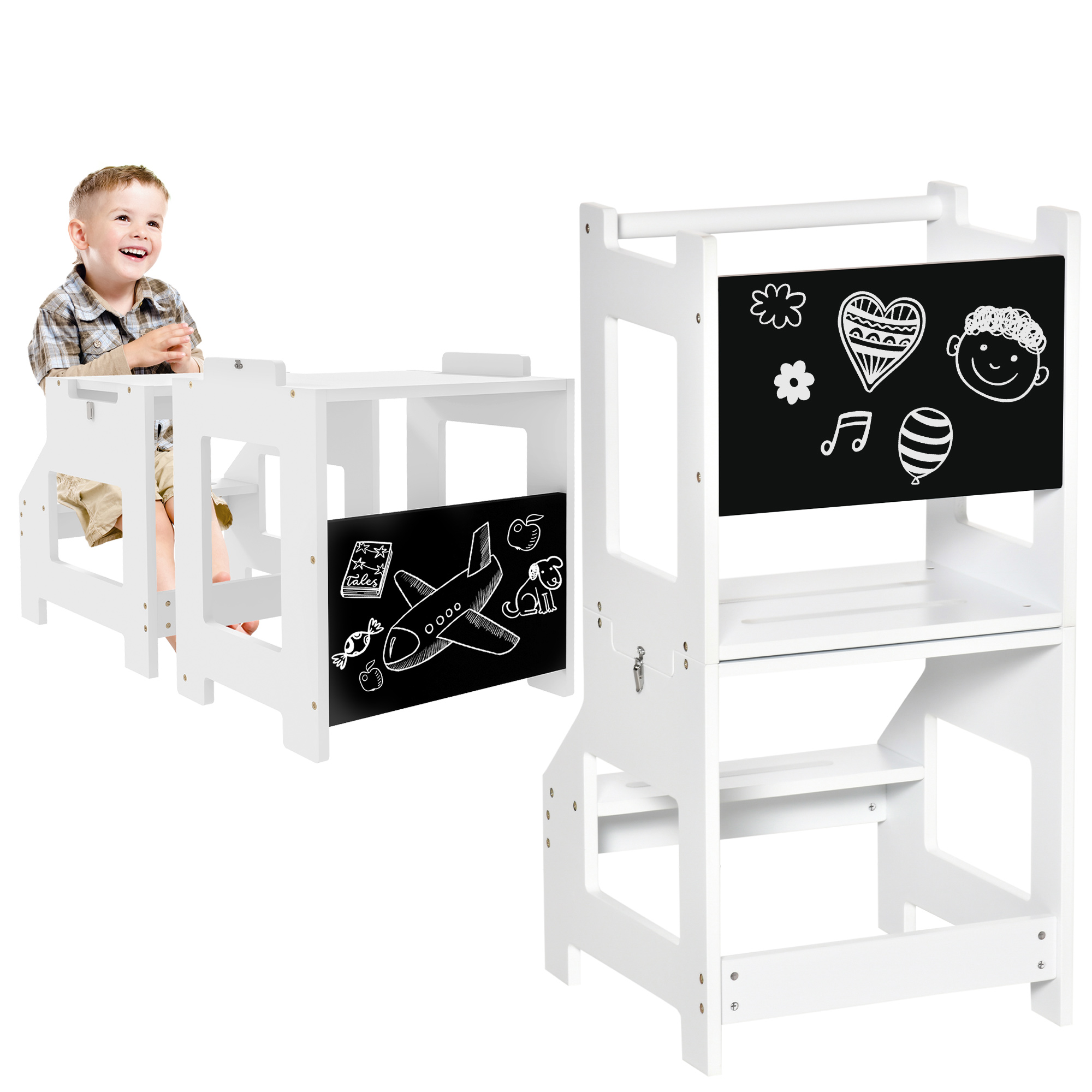 foto del prodotto homcom scala montessori 2 in 1 in mdf staccabile, con sgabello, lavagna inclusi, per bambini 3-6 anni, bianco aosom