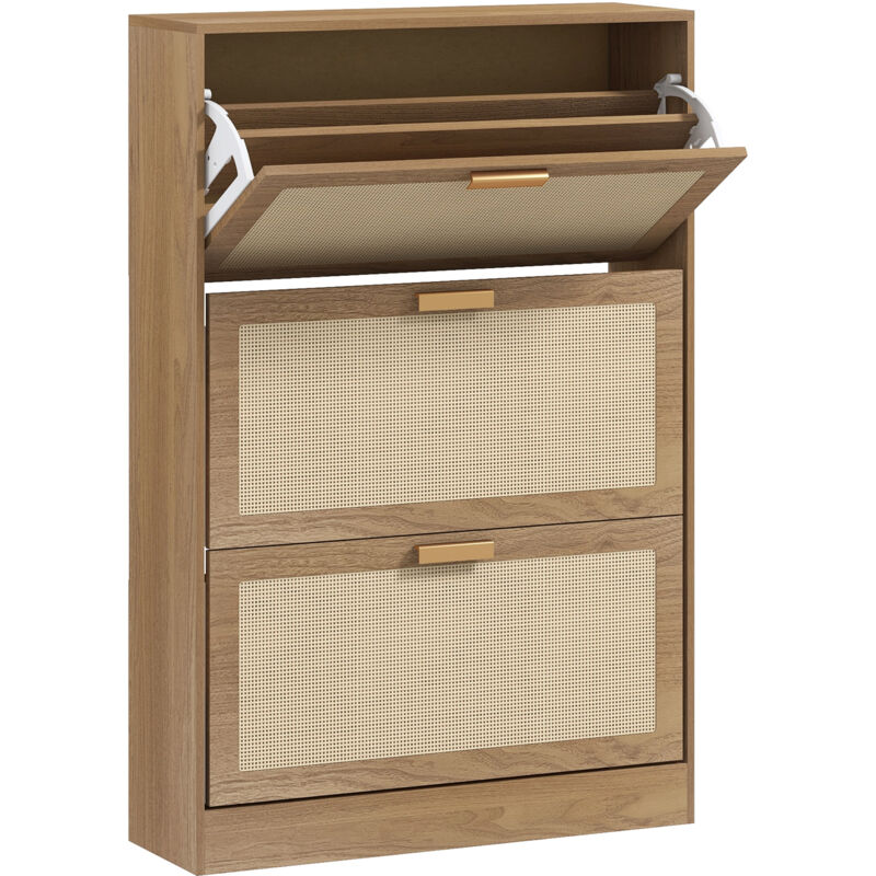 foto del prodotto homcom scarpiera a 3 cassetti ribaltabili per 18 paia di scarpe legno e rattan