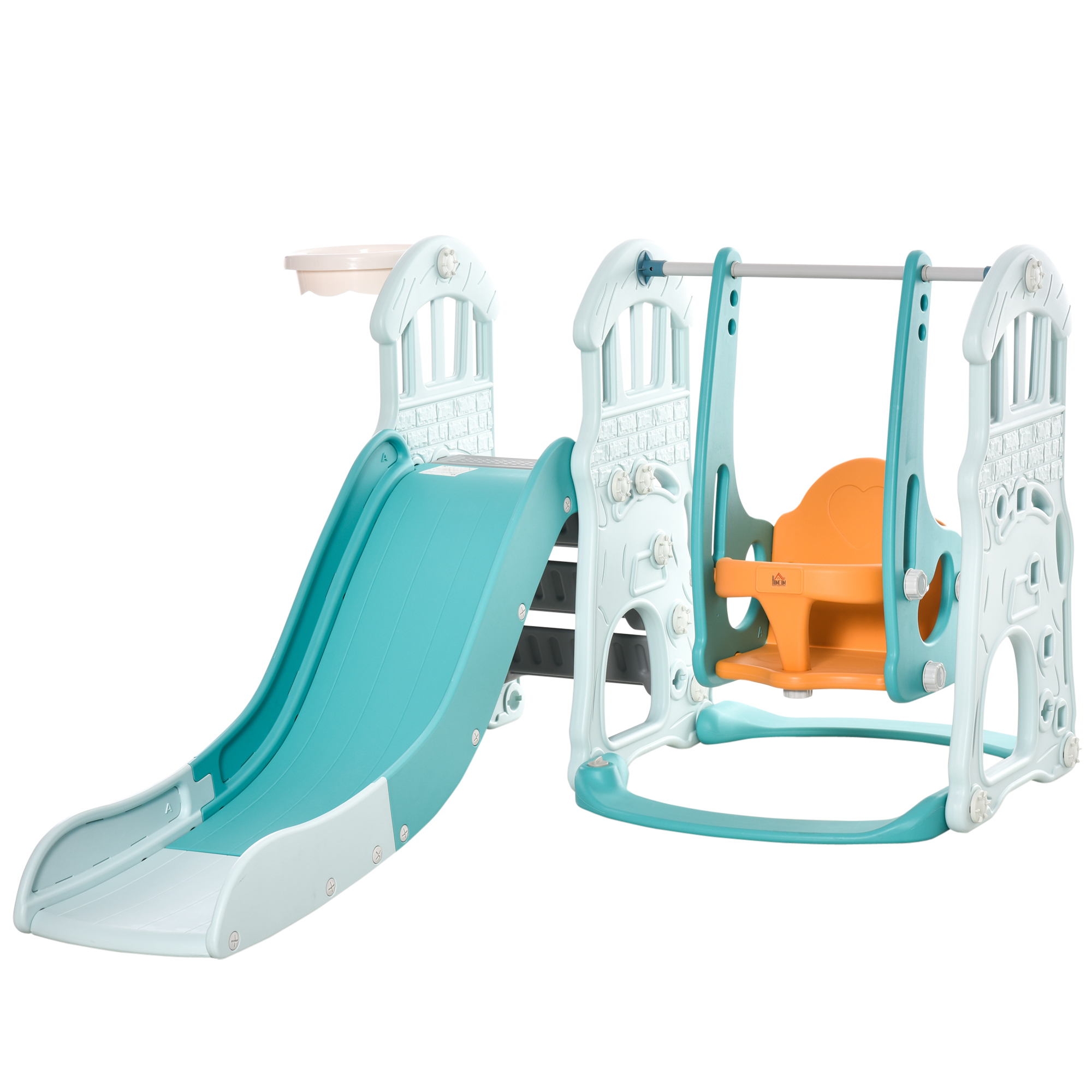 foto del prodotto homcom scivolo per bambini con altalena regolabile e canestro per gioco in giardino e cameretta 149x186x98cm blu arancione aosom