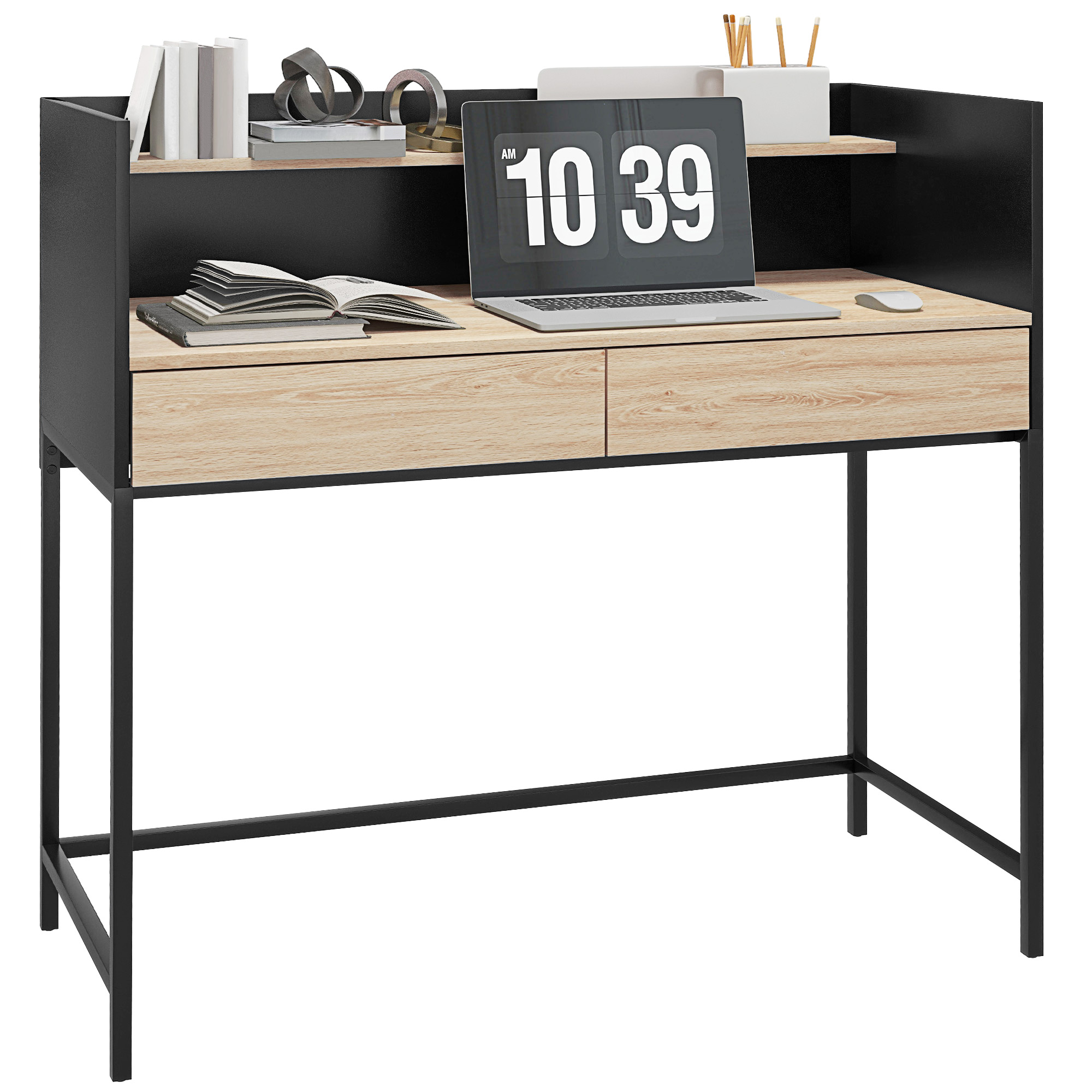 foto del prodotto homcom scrivania 2 cassetti con ripiano superiore, in legno e acciaio, 106x51.5x102.5 cm, nero e color quercia