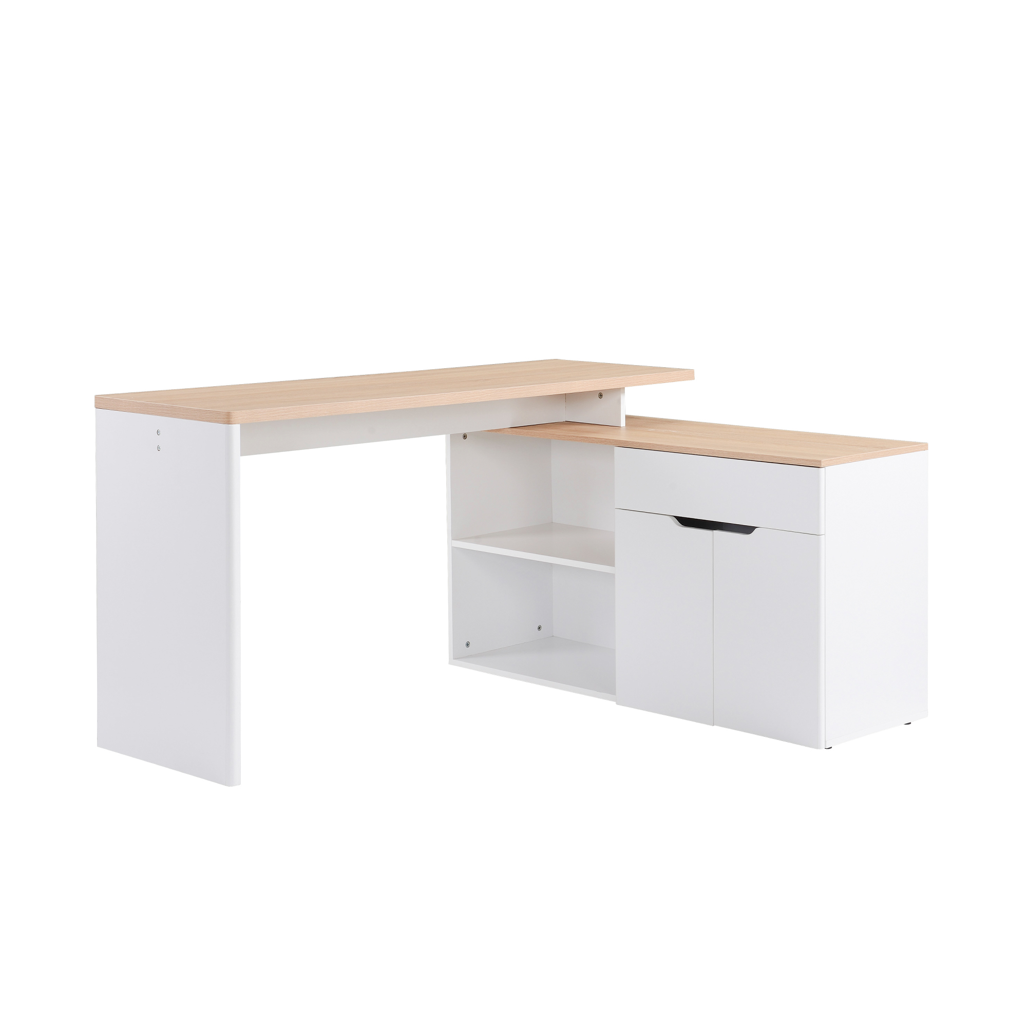 foto del prodotto homcom scrivania angolare con libreria a 2 ripiani, armadietto e cassetto, 140x117x76 cm, color legno e bianco