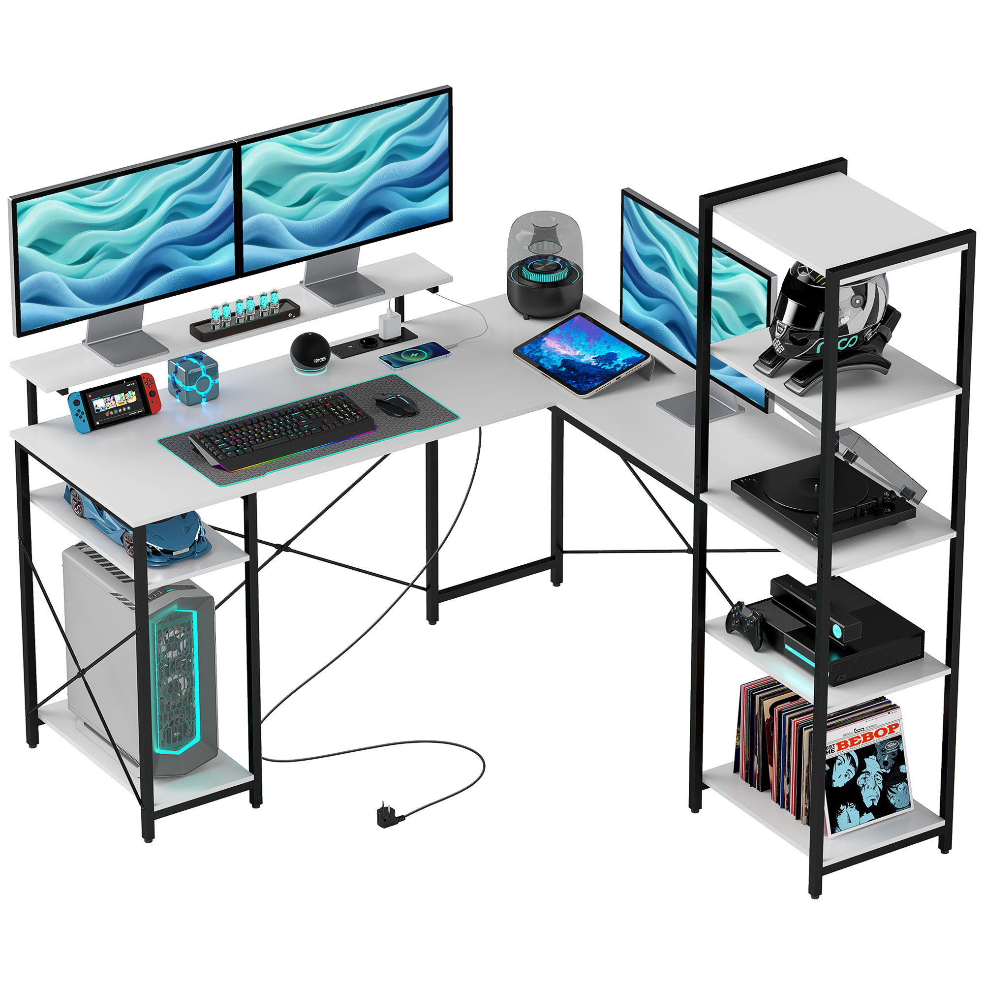 foto del prodotto homcom scrivania angolare con presa elettrica e usb, scaffale e supporto per monitor, bianco e nero