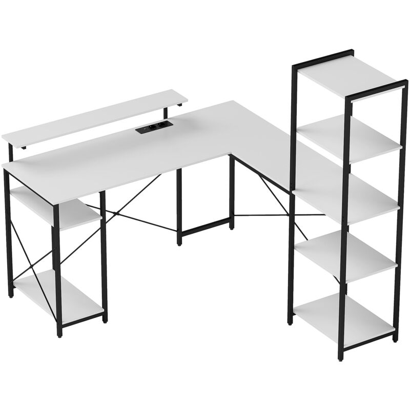 foto del prodotto homcom scrivania angolare con prese usb supporto monitor scaffale bianco nero