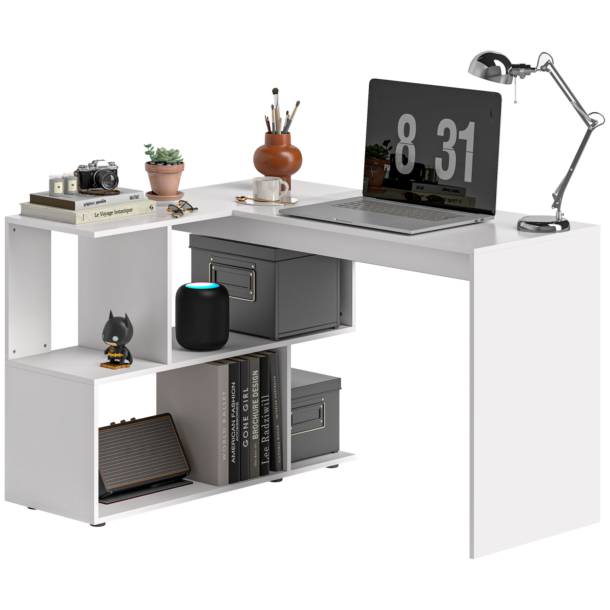 foto del prodotto homcom scrivania angolare moderna per ufficio con 4 ripiani in legno bianco, 120x100x77 cm