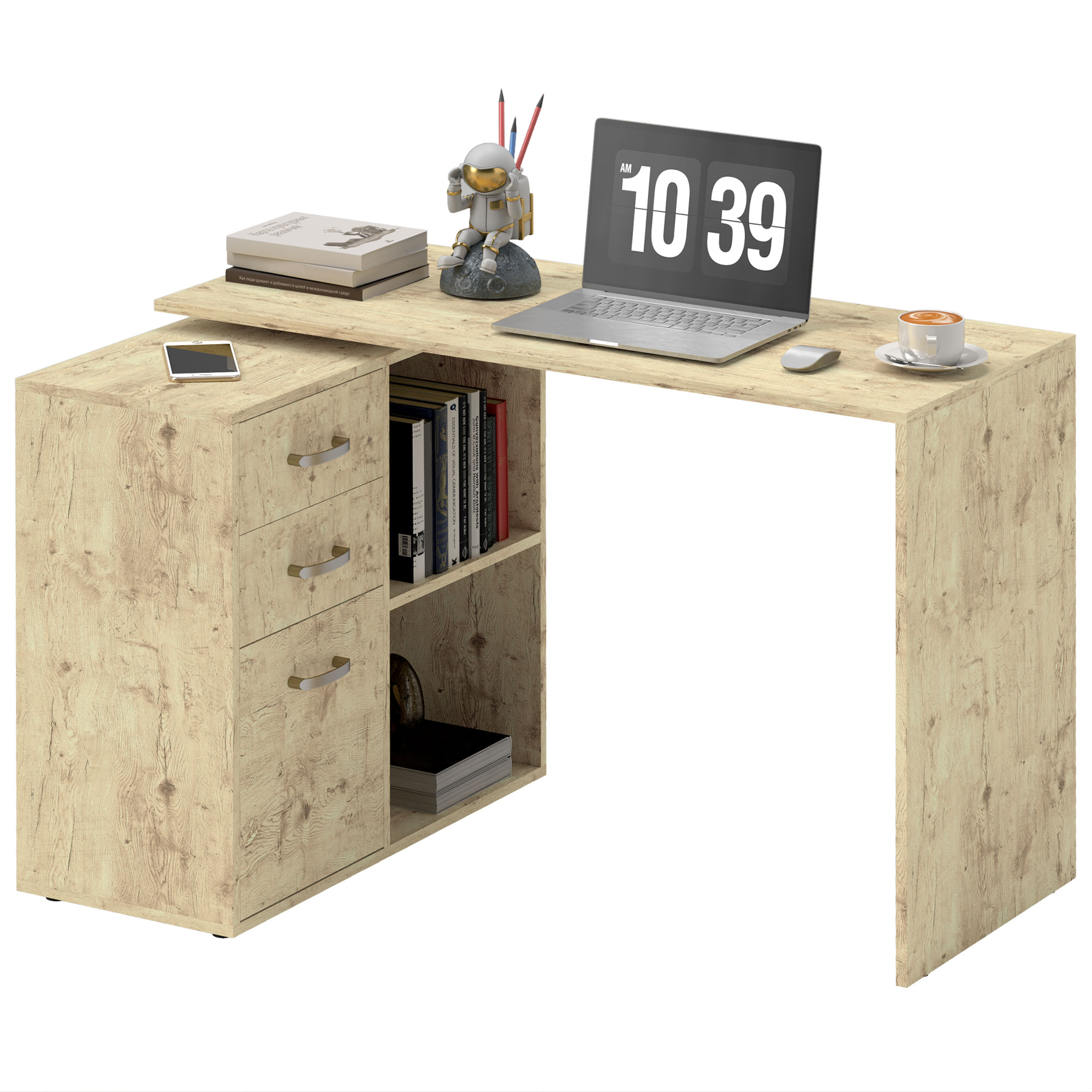 foto del prodotto homcom scrivania angolare per pc con 3 cassetti e ripiani aperti, in legno e metallo, 117x83.5x76 cm, noce