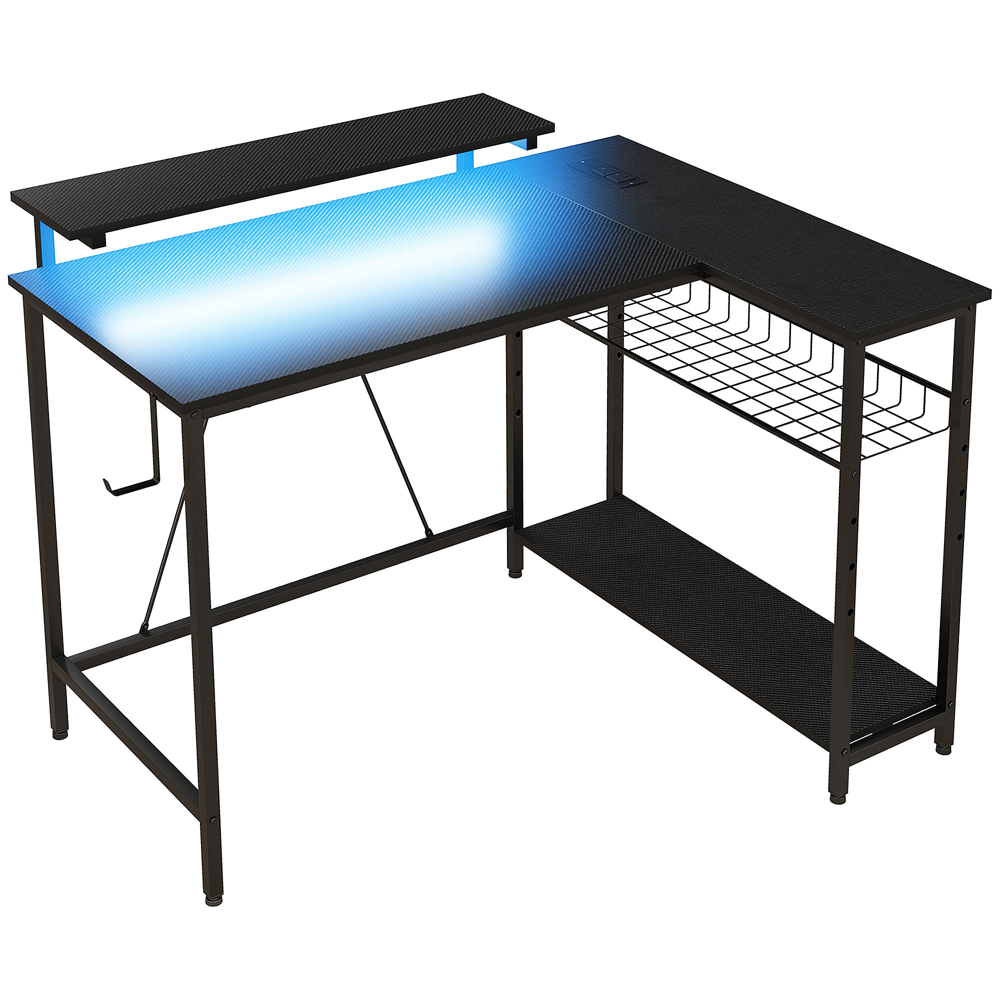 foto del prodotto homcom scrivania angolare reversibile con led, prese di corrente e prese usb, ripiani e supporto monitor, nero