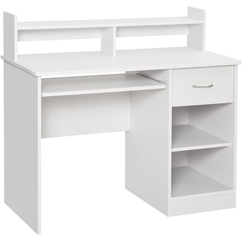 foto del prodotto homcom scrivania compatta computer in legno bianco ripiano tastiera estraibile
