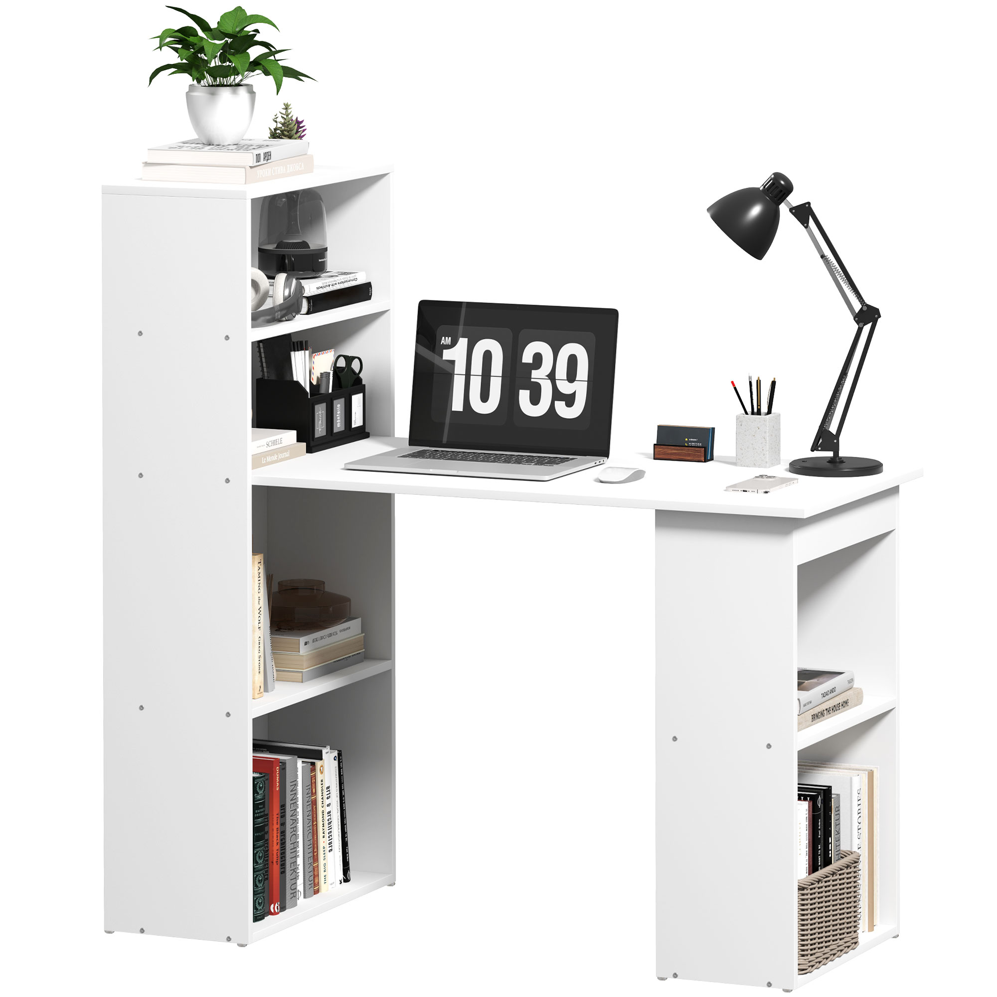 foto del prodotto homcom scrivania computer con libreria porta pc salvaspazio, tavolo da pranzo per ufficio e studio, 120x55x120 cm, bianco aosom
