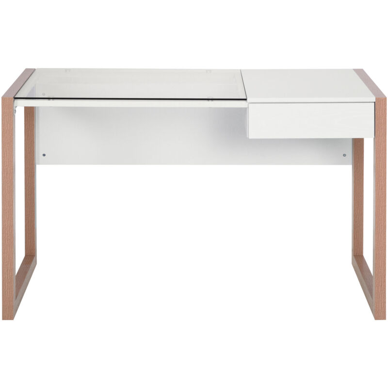 foto del prodotto homcom scrivania di design in legno e vetro temperato con cassetto 120x60x75cm