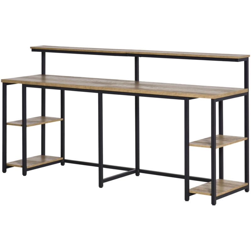 foto del prodotto homcom scrivania doppia con mensola monitor e scaffali metallo e mdf marrone