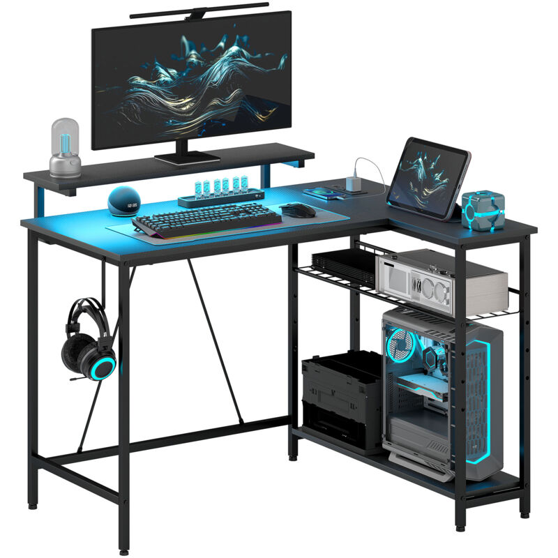foto del prodotto homcom scrivania gaming a l reversibile con led, prese usb e ripiani nero