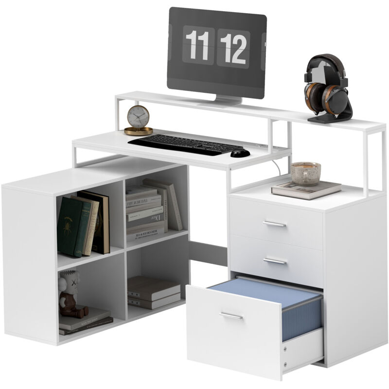 foto del prodotto homcom scrivania moderna con 2 tavoli, 4 ripiani, 3 cassetti e supporto monitor