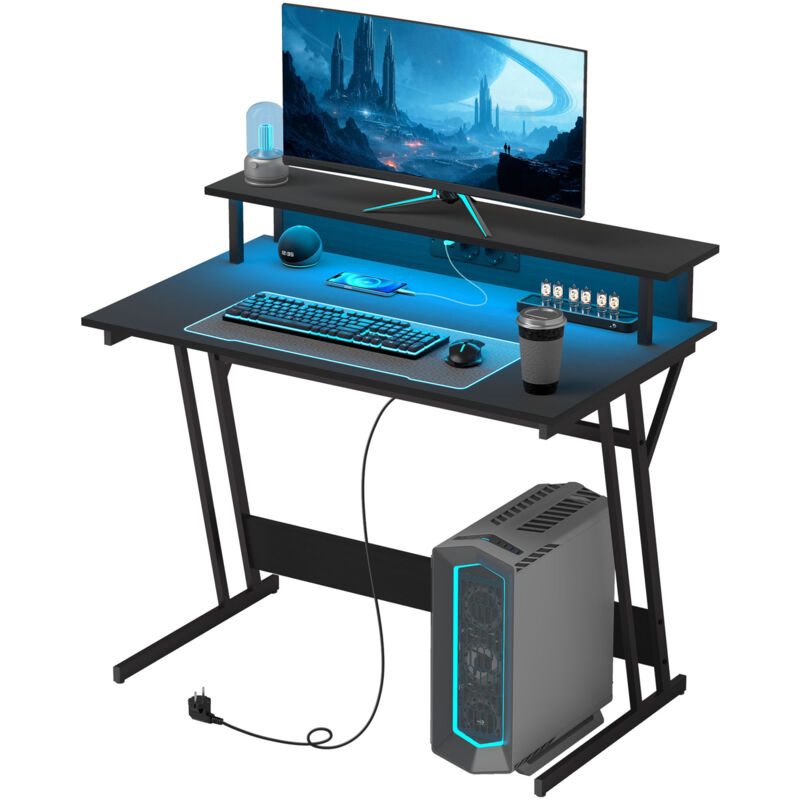foto del prodotto homcom scrivania pc con luci led e supporto monitor in legno e acciaio nero