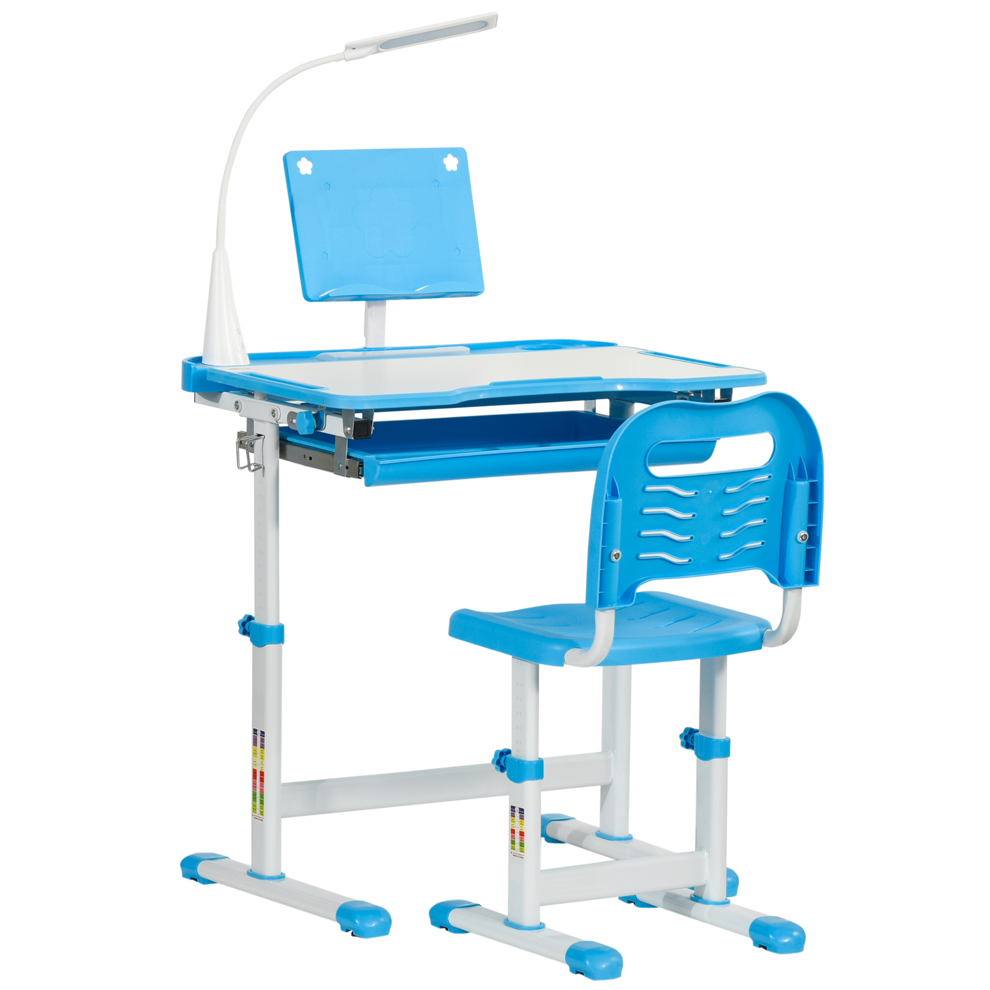 foto del prodotto homcom scrivania per bambini con sedia regolabile per età 6-12 anni piano inclinabile a 45 gradi con lampada led acciaio e mdf blu aosom
