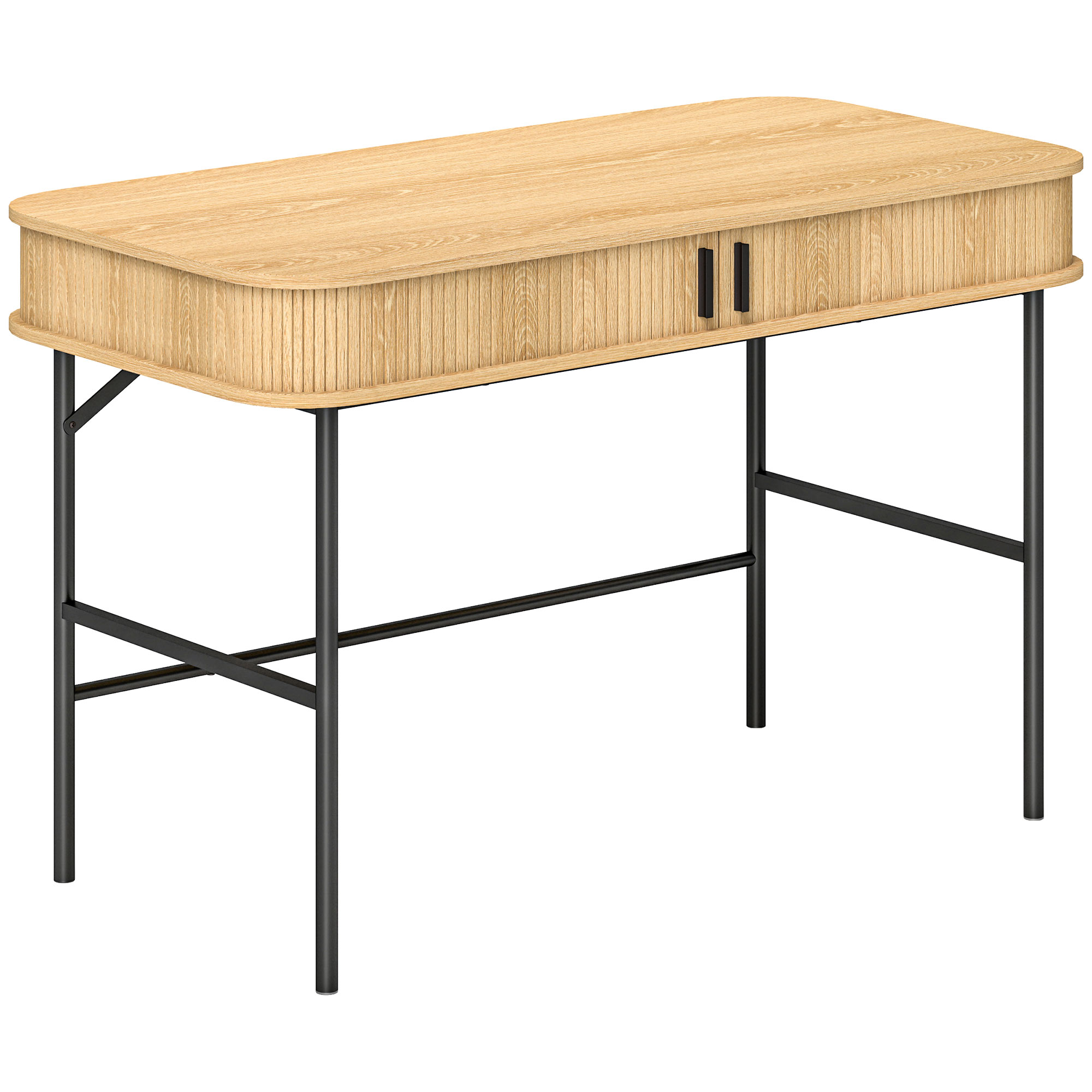 foto del prodotto homcom scrivania per camera e ufficio con ante scanalate, legno e acciaio 120x60x76.5cm, rovere e nero