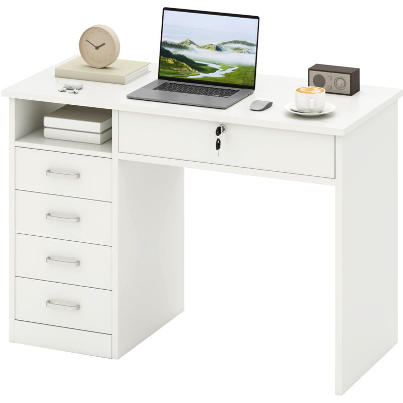 foto del prodotto homcom scrivania per computer in legno con 5 cassetti 110x50x76cm bianco