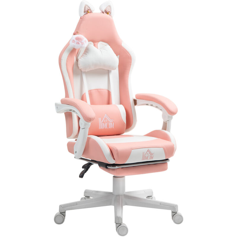 foto del prodotto homcom sedia gaming con orecchie da gatto, poggiapiedi e cuscino lombare rosa