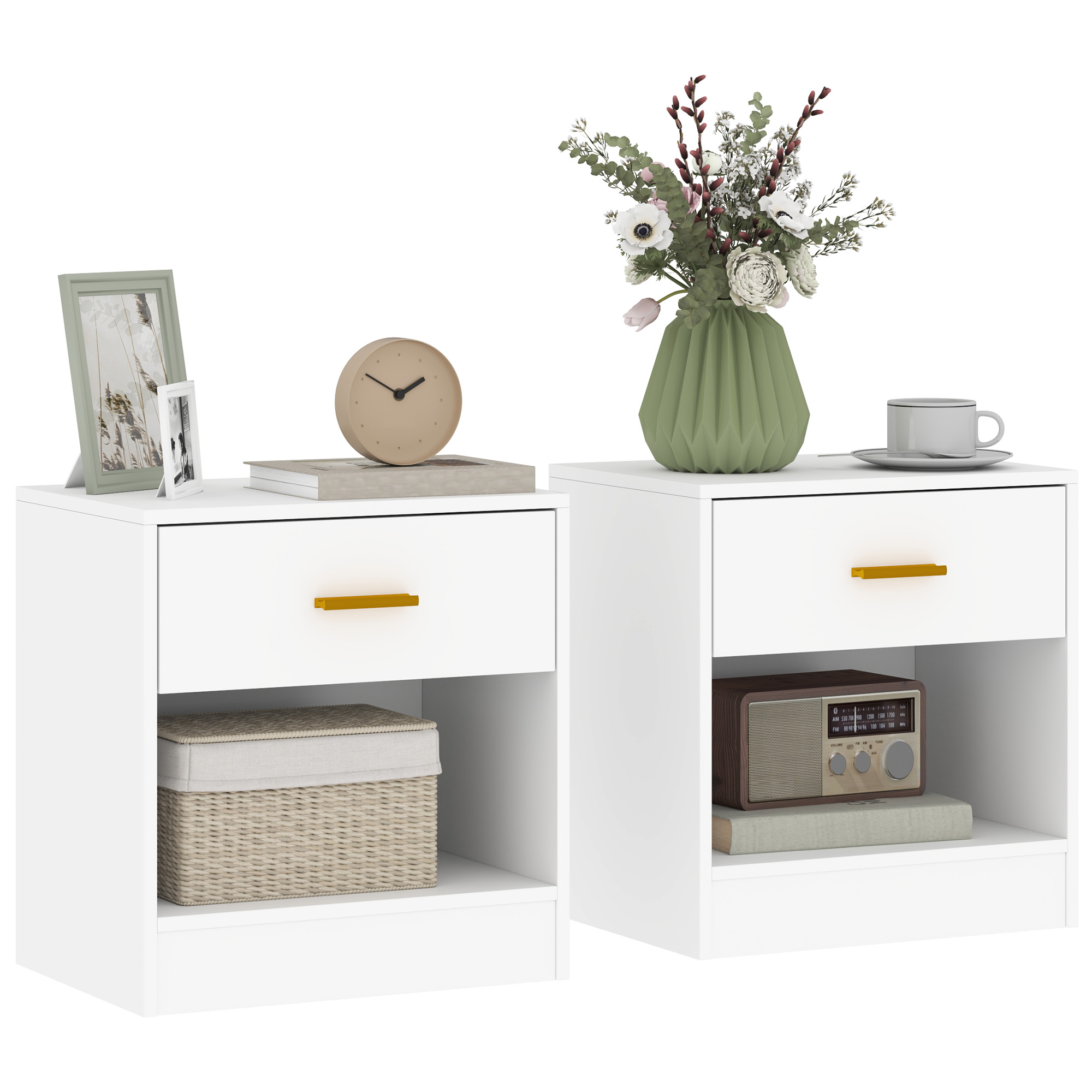 foto del prodotto homcom set 2 comodini moderni in legno con cassetto e ripiano aperto, 39x28x41 cm, bianco