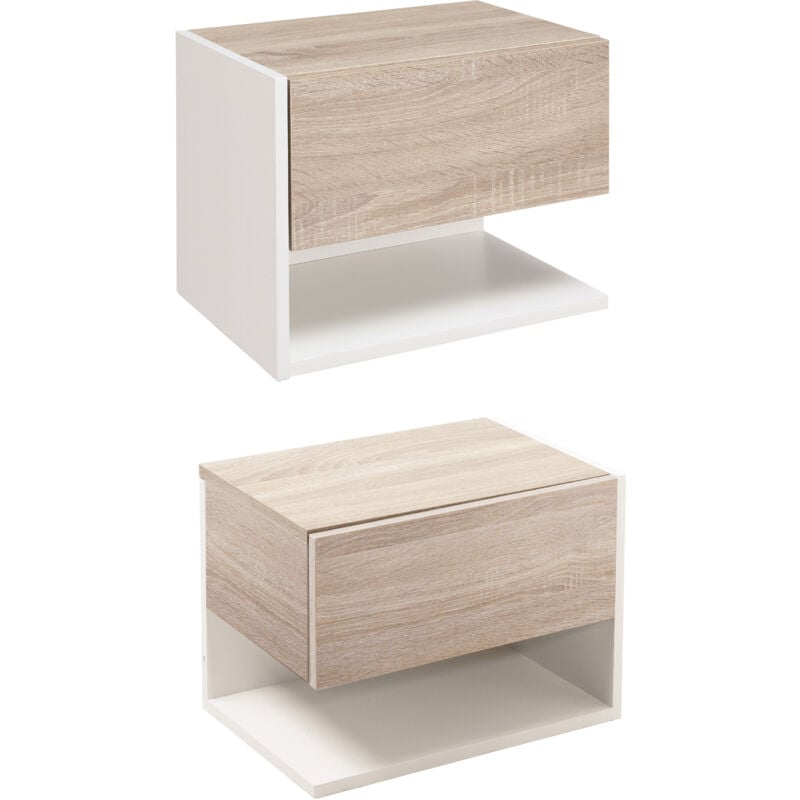 foto del prodotto homcom set 2 comodini sospesi a parete con mensola e cassetto bianco e rovere