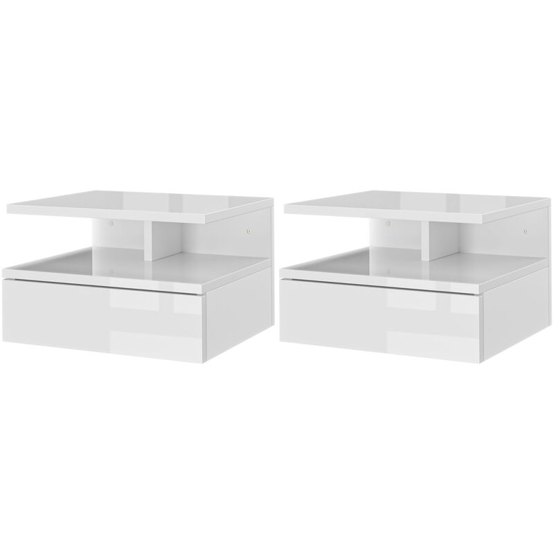 foto del prodotto homcom set 2 comodini sospesi in legno con cassetto e mensola bianco lucido