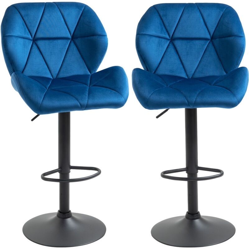 foto del prodotto homcom set 2 sgabelli alti da bar in velluto blu girevoli altezza regolabile