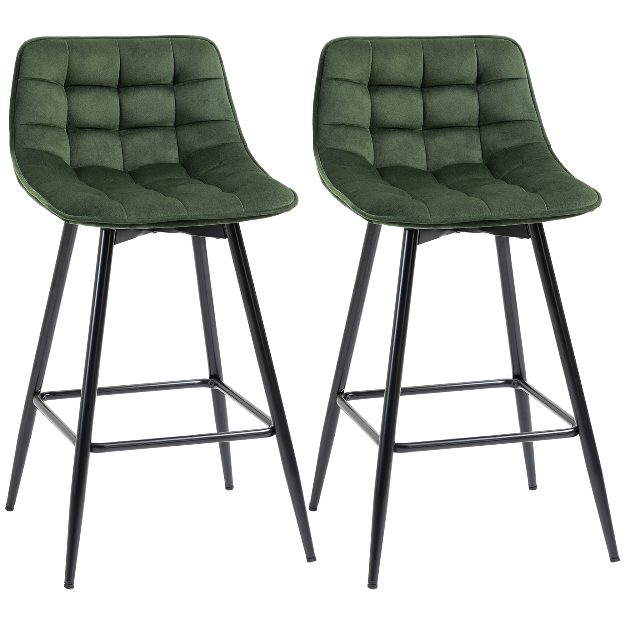 foto del prodotto homcom set 2 sgabelli da bar con schienale e poggiapiedi stile nordico in metallo e velluto, verde, 45x47x88cm aosom