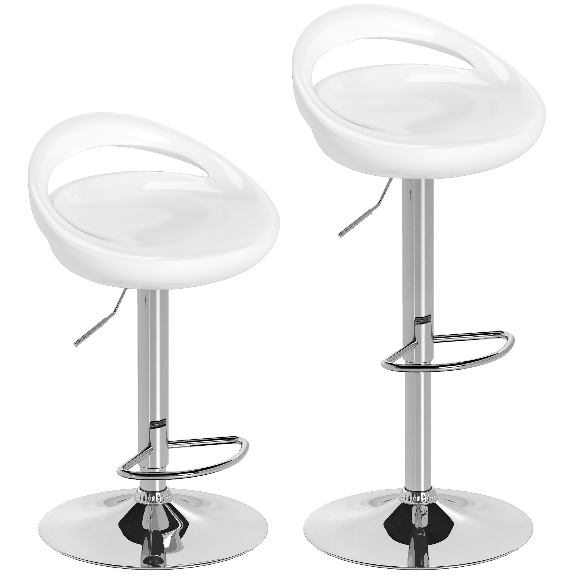 foto del prodotto homcom set 2 sgabelli da bar girevoli con poggiapiedi, altezza regolabile base in acciaio seduta in abs, bianco