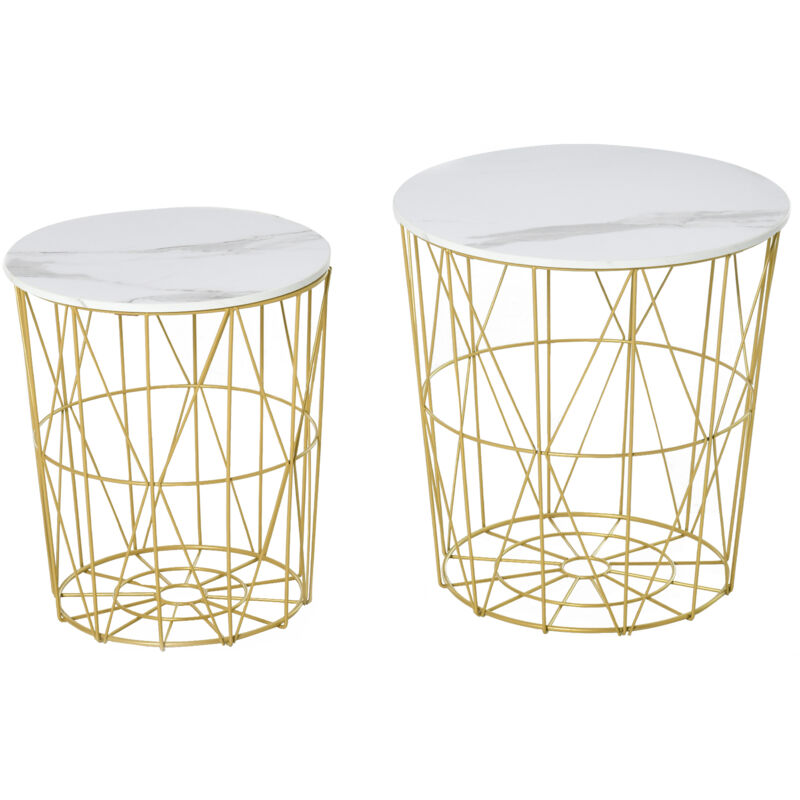 foto del prodotto homcom set 2 tavolini da caff impilabili con base contenitore bianco e oro