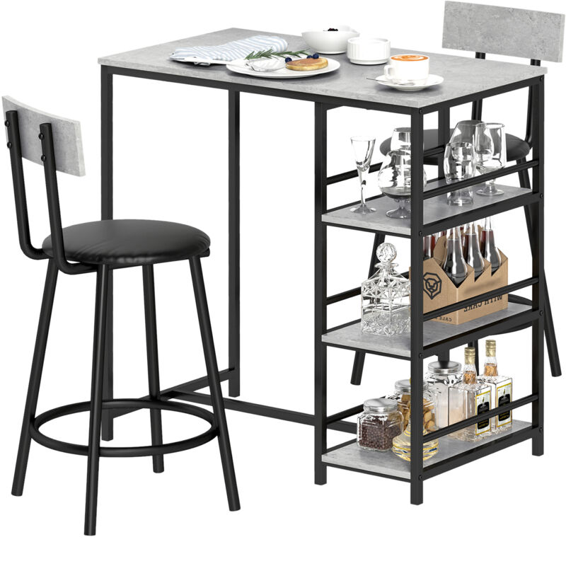 foto del prodotto homcom set 3 pezzi con bancone bar con mensole e 2 sgabelli alti grigio chiaro