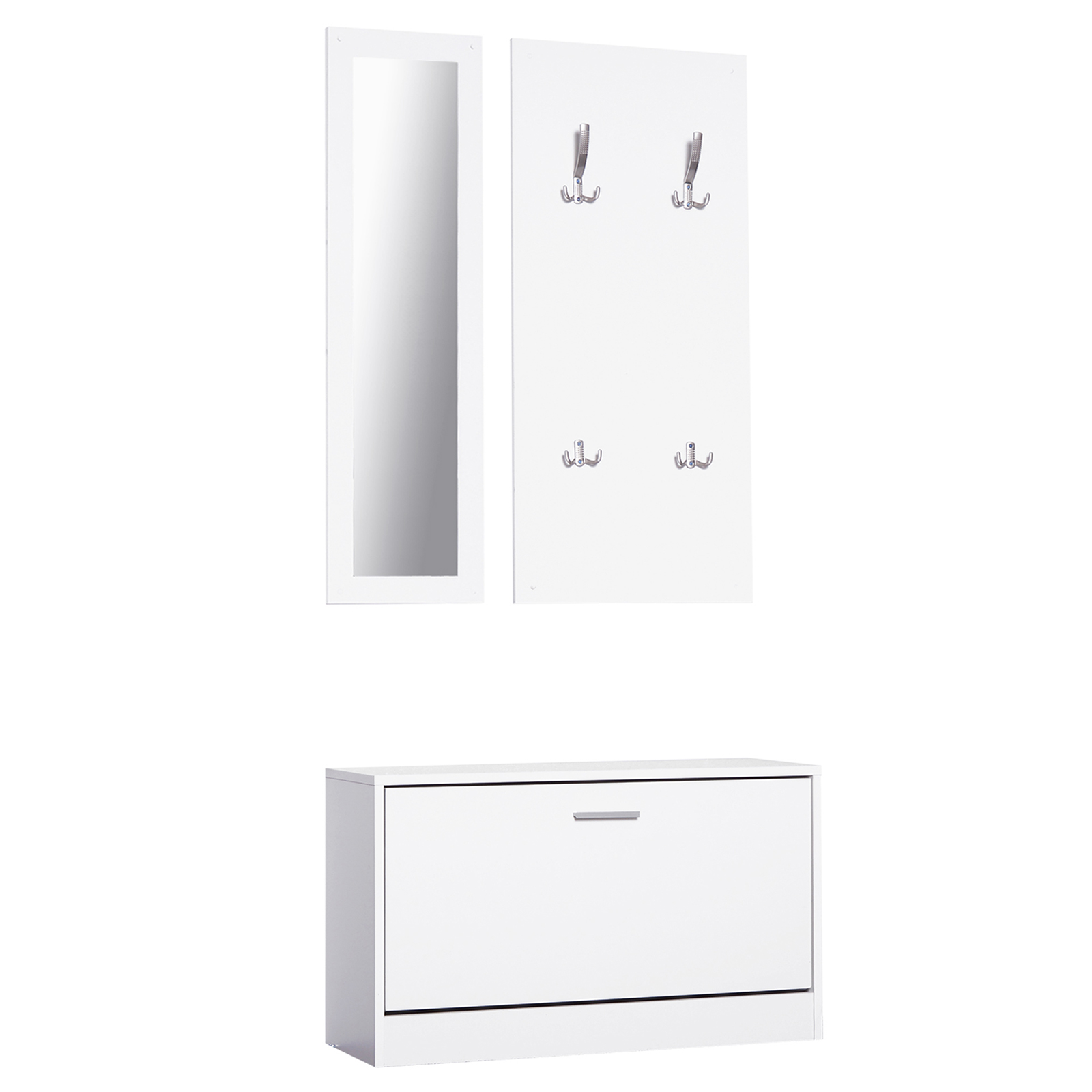 foto del prodotto homcom set 3 pezzi scarpiera appendiabiti specchio per ingresso o camera da letto, in legno, 80x27x46.5cm, bianco aosom