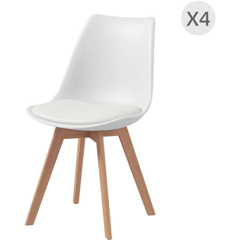 foto del prodotto homcom set 4 sedie da cucina in plastica e legno con cuscino finta pelle bianco
