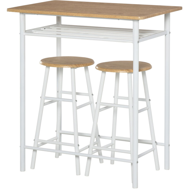 foto del prodotto homcom set bancone e 2 sgabelli da cucina con poggiapiedi in legno stile nordico