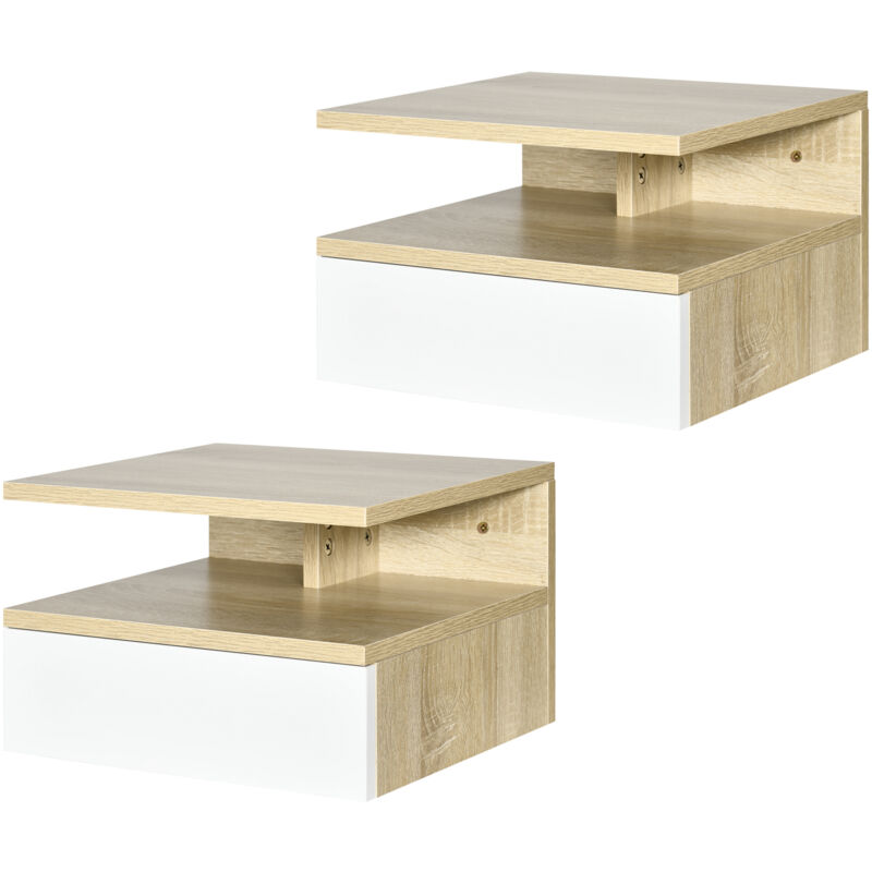 foto del prodotto homcom set da 2 comodini moderni con cassetto in truciolato bianco e rovere
