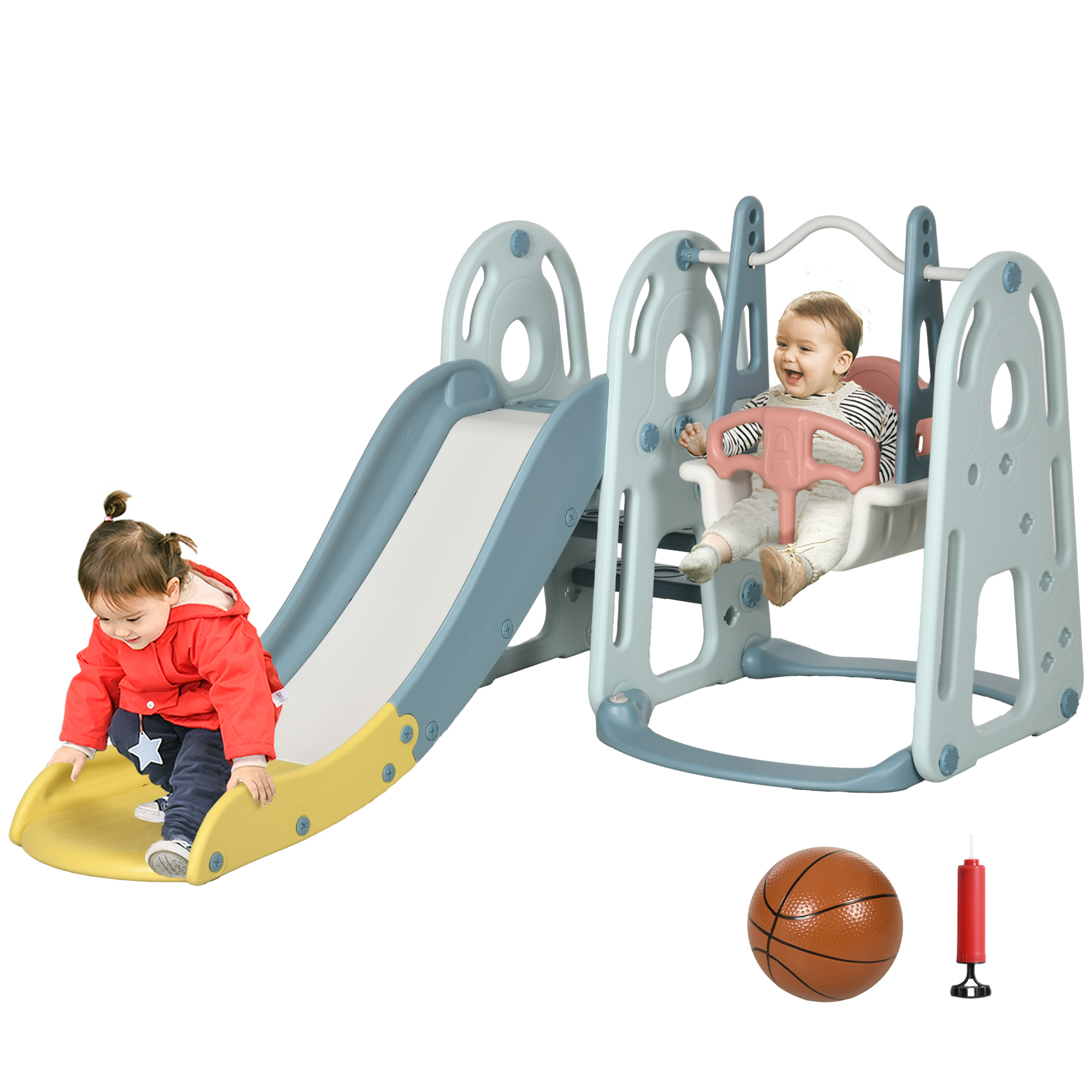 foto del prodotto homcom set da gioco 5 anni max con altalena per bambini, scivolo per bambini, canestro basket e scaletta, in hdpe e pp
