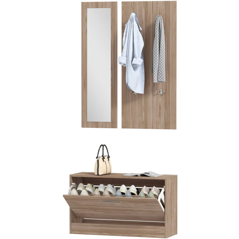 foto del prodotto homcom set da ingresso con panca scarpiera, specchio e appendiabiti legno