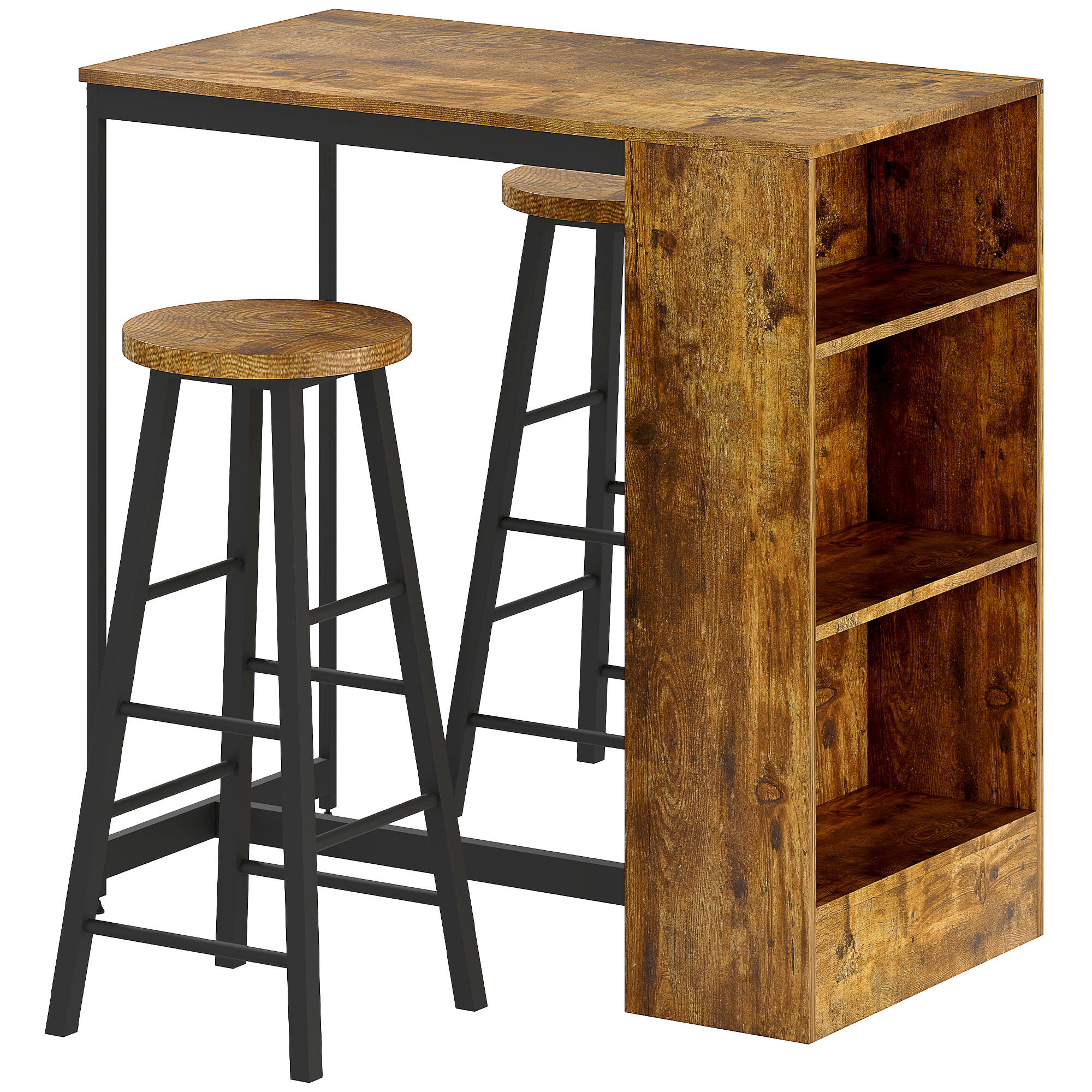 foto del prodotto homcom set da pranzo con bancone bar con 3 ripiani e 2 sgabelli alti con poggiapiedi stile industriale, marrone