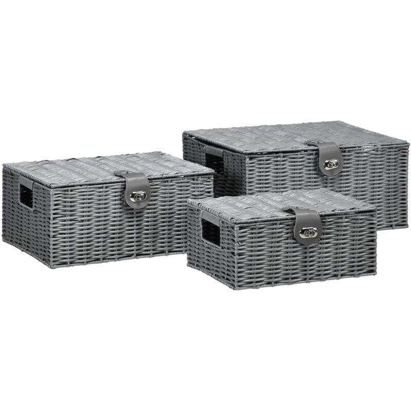 foto del prodotto homcom set di 3 cesti in vimini pp con coperchio di diverse dimensioni, grigio
