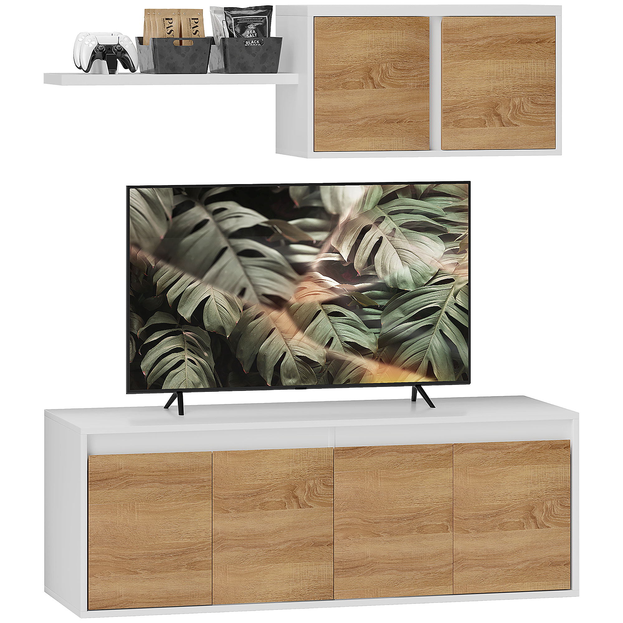 foto del prodotto homcom set mobile tv e armadietto a muro con 7 ripiani e scaffale aperto, in legno, 120x41x43.3 cm, bianco e color legno