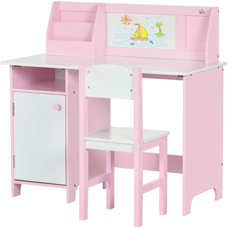 foto del prodotto homcom set per bambini 5 anni con banco scuola con lavagna e sedia bianco rosa