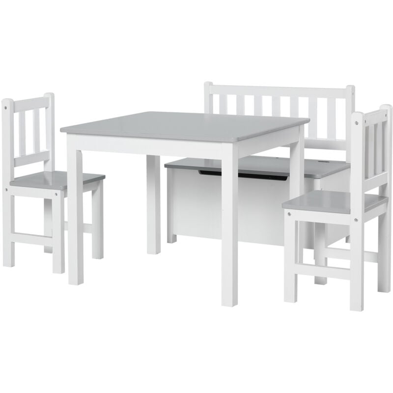 foto del prodotto homcom set tavolino per bambini 2 seggiole e cassapanca in legno bianco e grigio