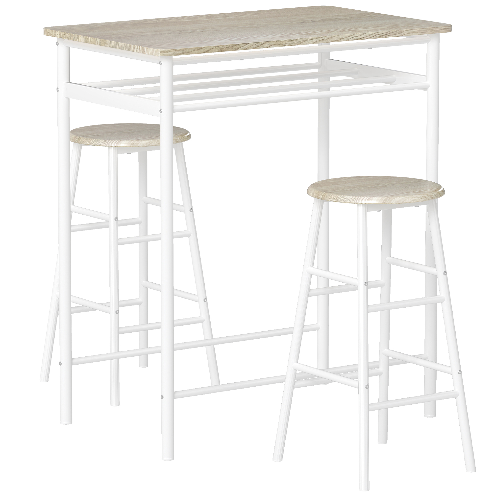 foto del prodotto homcom set tavolo alto bar con 2 sgabelli alti in legno stile nordico, con mensola e sgabelli cucina con poggiapiedi, bianco aosom italy
