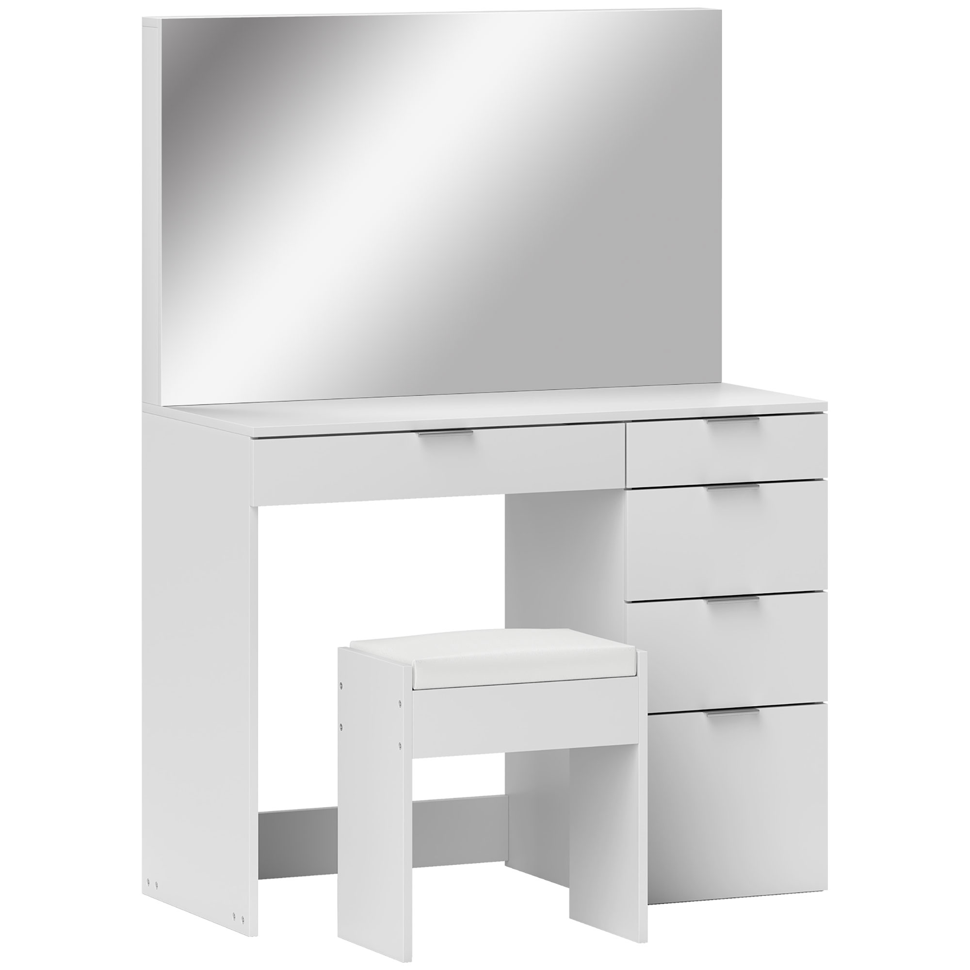 foto del prodotto homcom set tavolo da trucco con specchio e 5 cassetti 97.2x44.5x136.5 cm e sgabello imbottito 40x24x46 cm, bianco