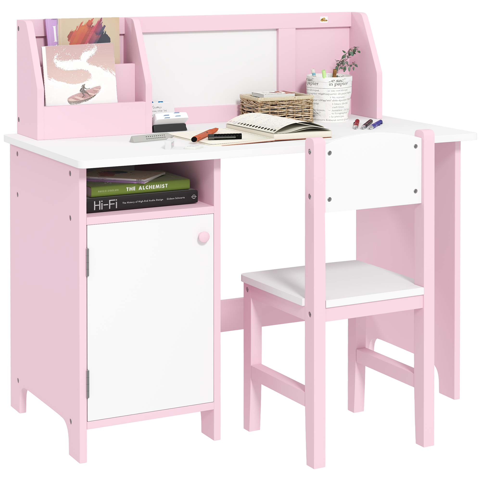 foto del prodotto homcom set tavolo e sedie per bambini 5 anni in legno con banco scuola 90x45x85 cm e sedia 29x29x66 bianco e rosa