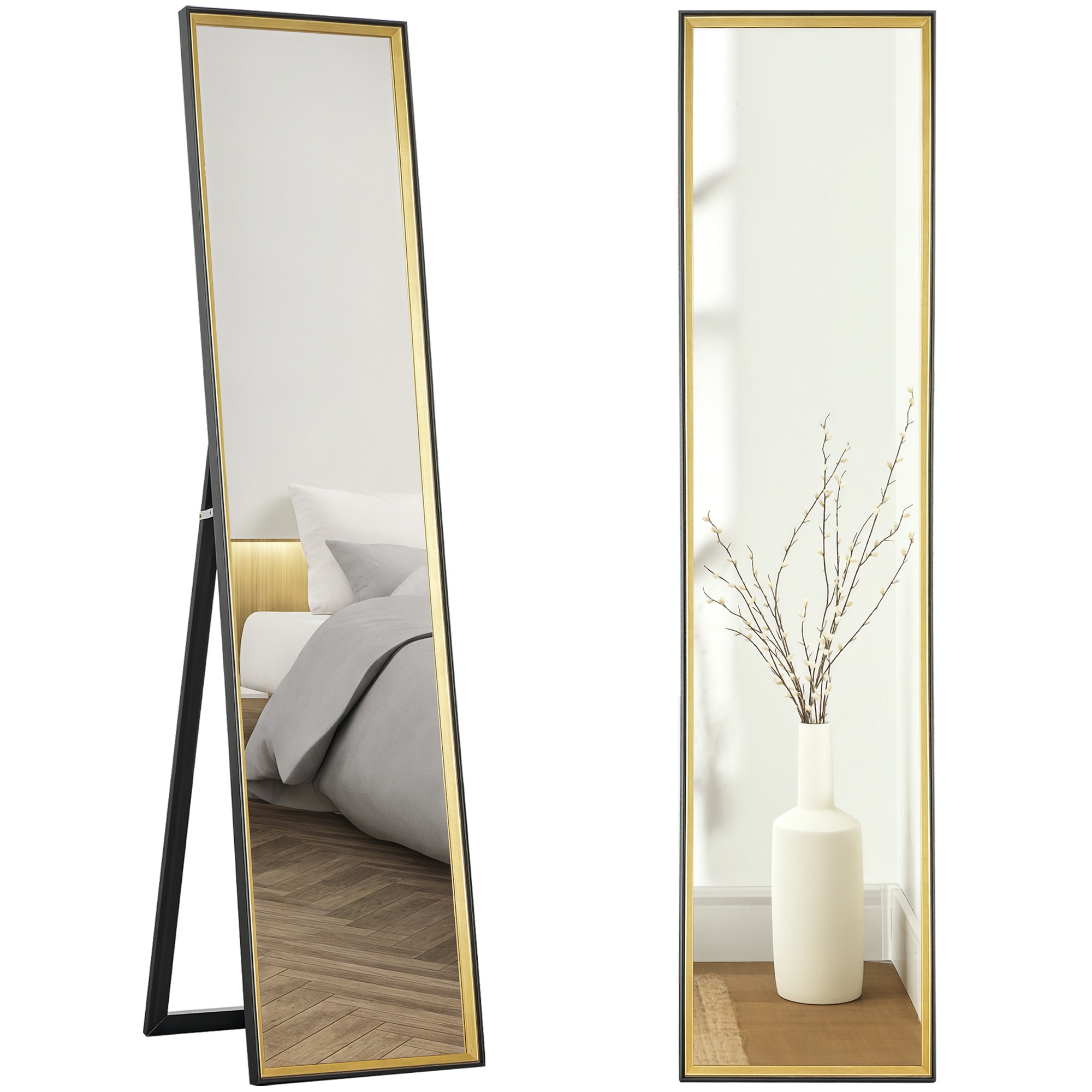 foto del prodotto homcom specchio a figura intera con supporto posteriore e cornice, in legno e vetro, 37x3x157 cm, nero e oro