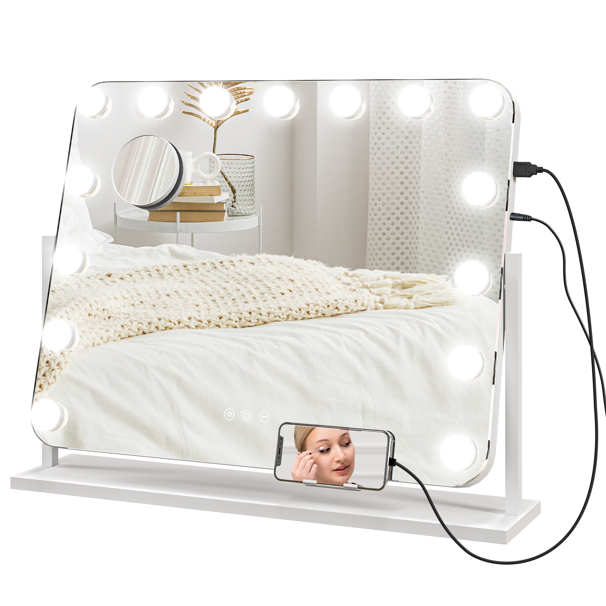 foto del prodotto homcom specchio da trucco con 14 luci led regolabili e ricarica usb, in vetro e metallo, 62.5x14x49.5 cm, bianco aosom italy
