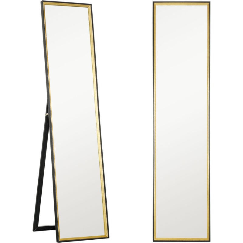 foto del prodotto homcom specchio verticale con supporto posteriore e cornice in mdf nero e oro