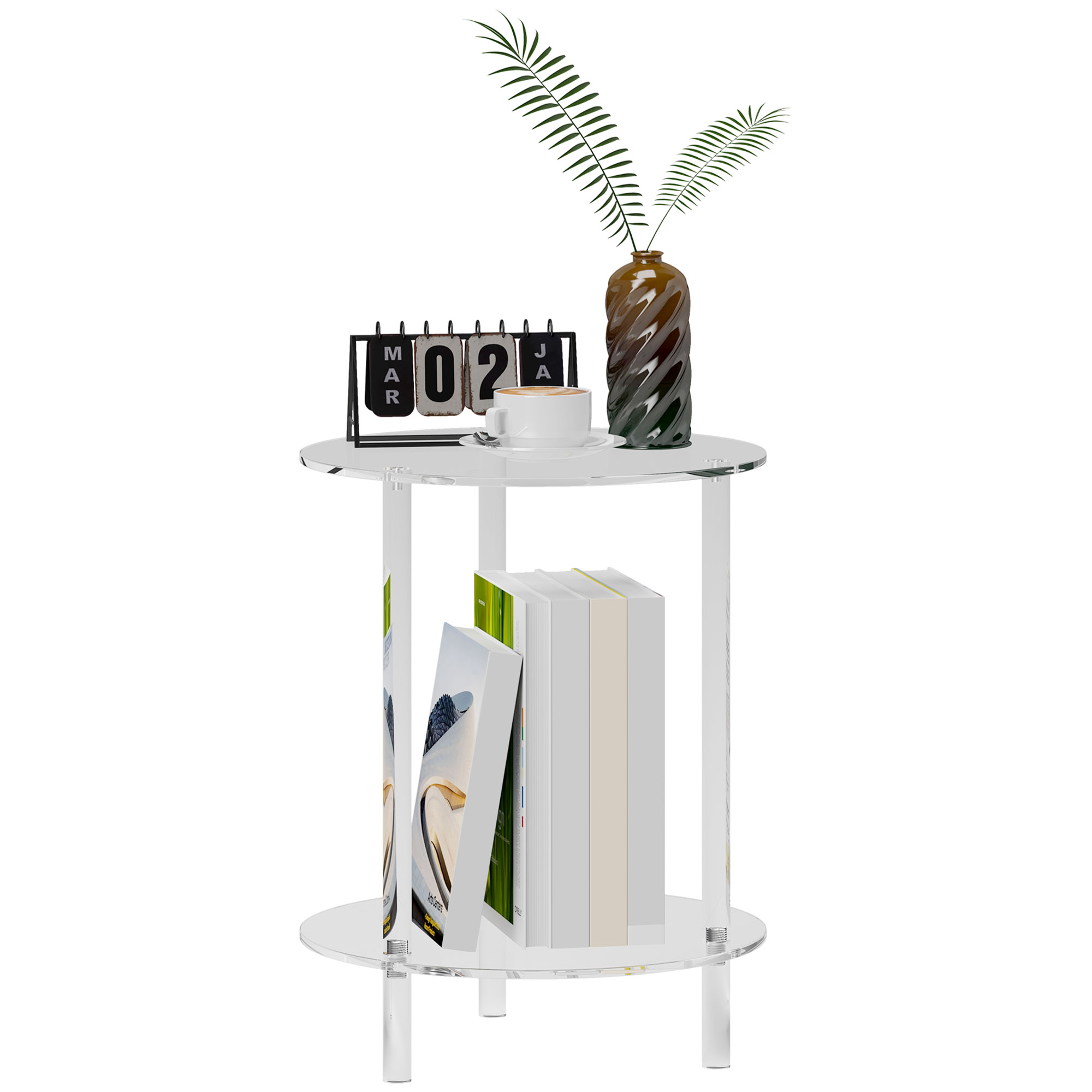 foto del prodotto homcom tavolino basso rotondo a 2 livelli in acrilico per interni, 40x50 cm, trasparente